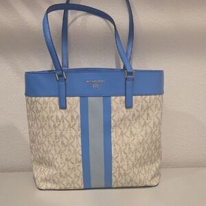 Michael Kors Vanilla MK Logo Tote with Blue Trim and Stripe